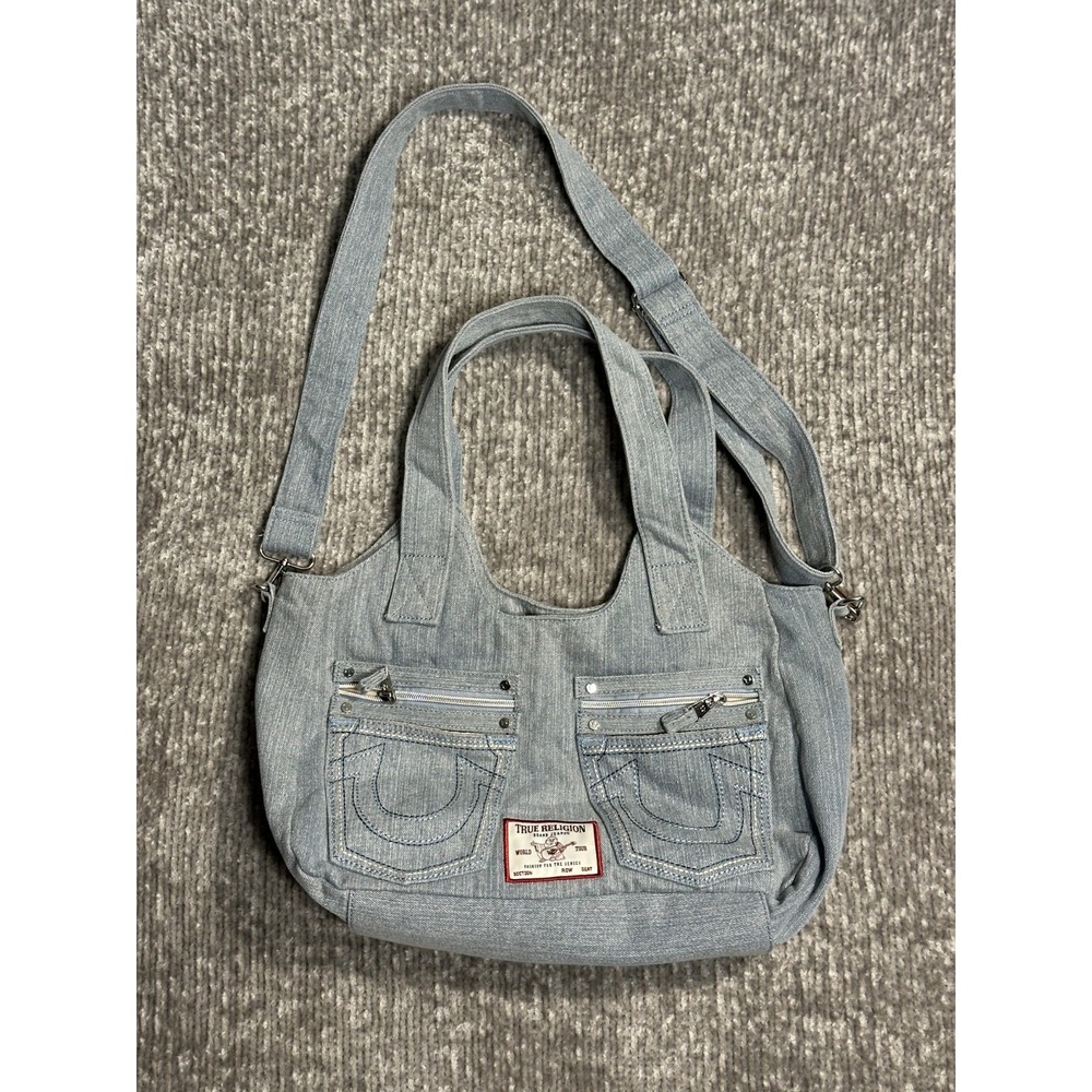 True Religion Denim Shoulder Crossbody Bag Horseshoe Pockets Light Wash Blue